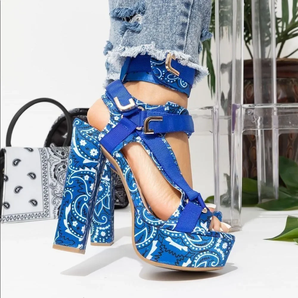 Blue Bandana Platform Heels | Chunky Block Buckle Strap Sandals